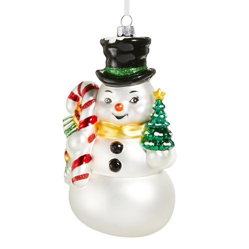 CHRISTMAS SNOWMAN WITH CANDY CANE 6 INCH GLASS ORNAMENT 4552863