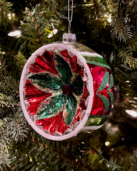 VINTAGE REFLECTOR ROUND FLOWER RED 3.75 INCH ORNAMENT 4524919