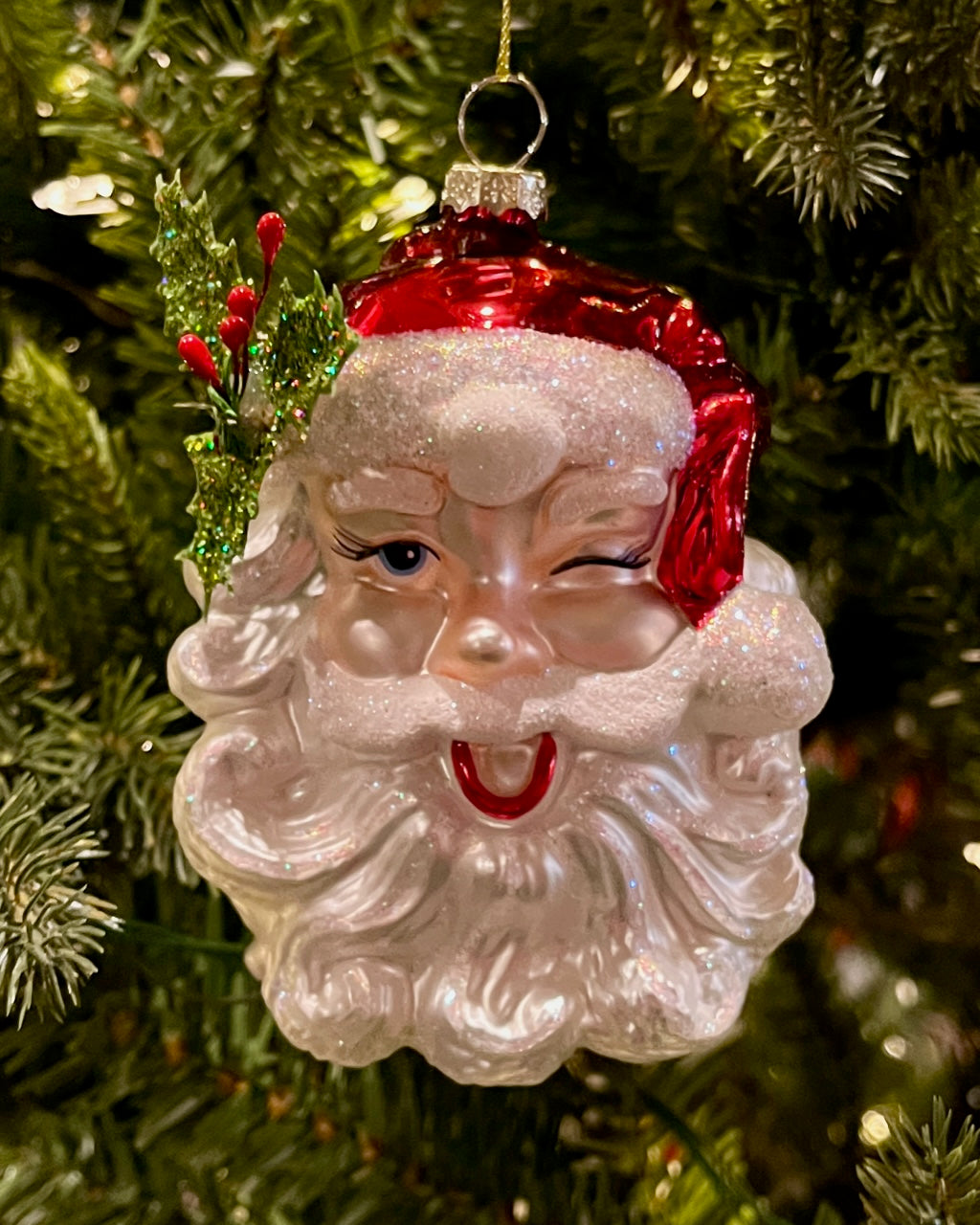 WINKING SANTA FACE GLASS HANGING ORNAMENT X3730