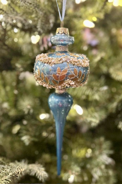 BLUE IRRIDESCENT GOLD LEAF ONION FINIAL GLASS ORNAMENTS 4523009