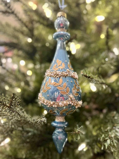 BLUE IRRIDESENT GOLD LEAF TEARDROP FINIAL GLASS ORNAMENT 4523009
