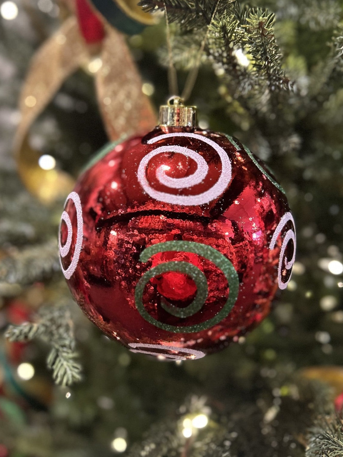 RED/WHITE CURL SHATTERPROOF BAUBLE 15CM XM0144