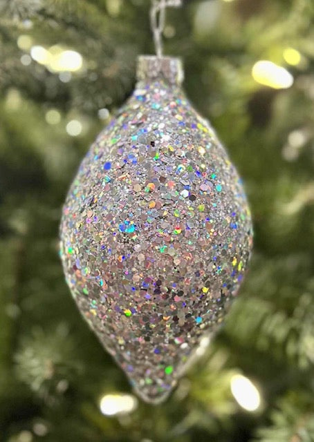 SILVER IRIDESCENT GLITTER TEARDROP GLASS ORNAMENT 4523156