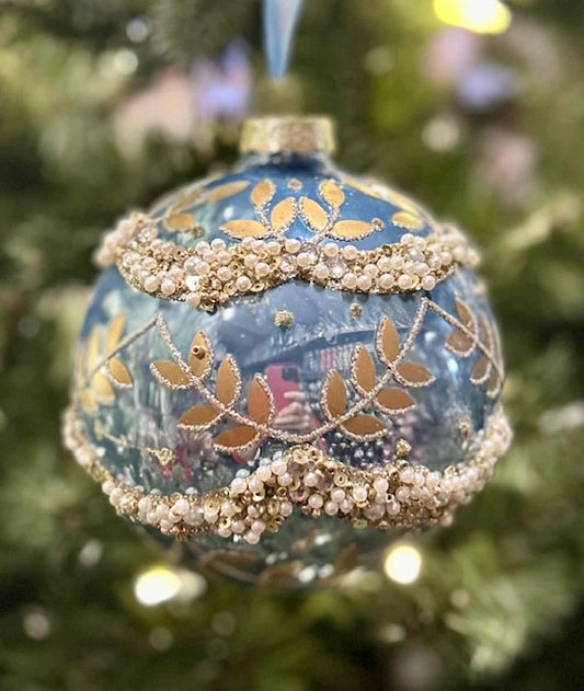 BLUE IRIDESCENT GOLD LEAF ROUND GLASS ORNAMENT 4523008