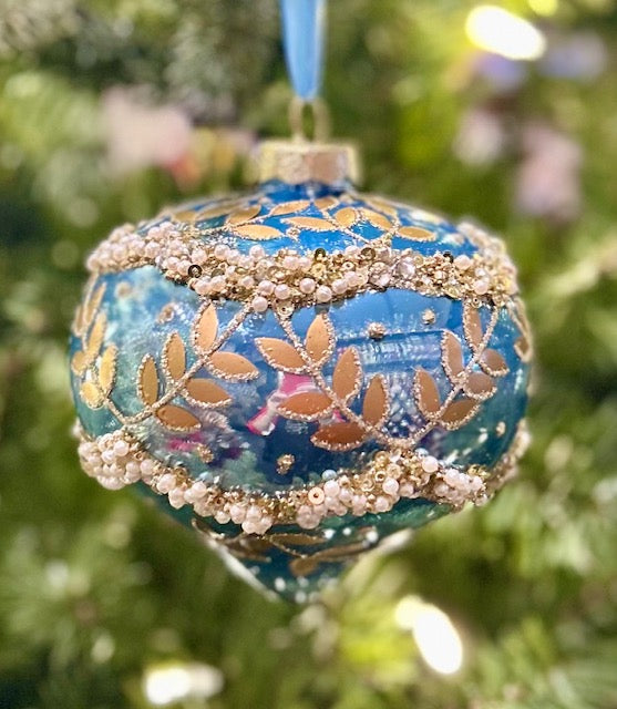 BLUE IRIDESCENT GOLD LEAF ONION GLASS ORNAMENT 4523008