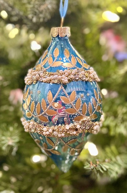 BLUE IRIDESCENT GOLD LEAF TEARDROP GLASS ORNAMENT 4523008
