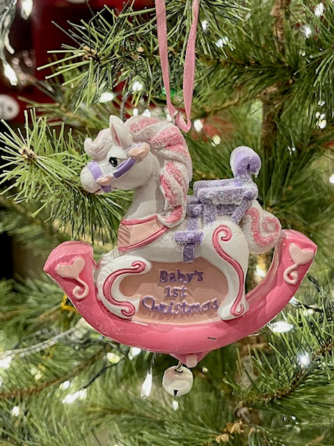 BABY'S FIRST CHRISTMAS PINK ROCKING HORSE HANGING ORNAMENT H5926