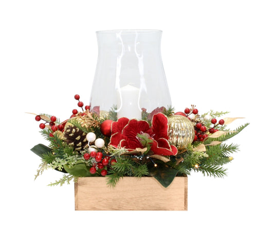 CRIMSON RED MAGNOLIA & GOLD BAUBLE HURRICANE GLASS PRE LIT CANDLE HOLDER XA013D