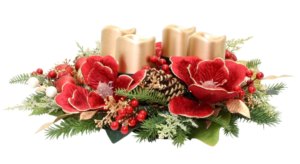 CRIMSON RED MAGNOLIA 4 GOLD LED CANDLE WREATH XA013E