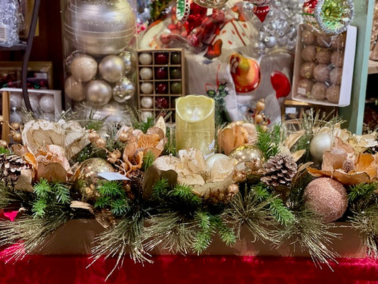 CHAMPAGNE MAGNOLIA & GLITTER PINE CONE 3 CANDLE & LED CANDLE HOLDER XA014C