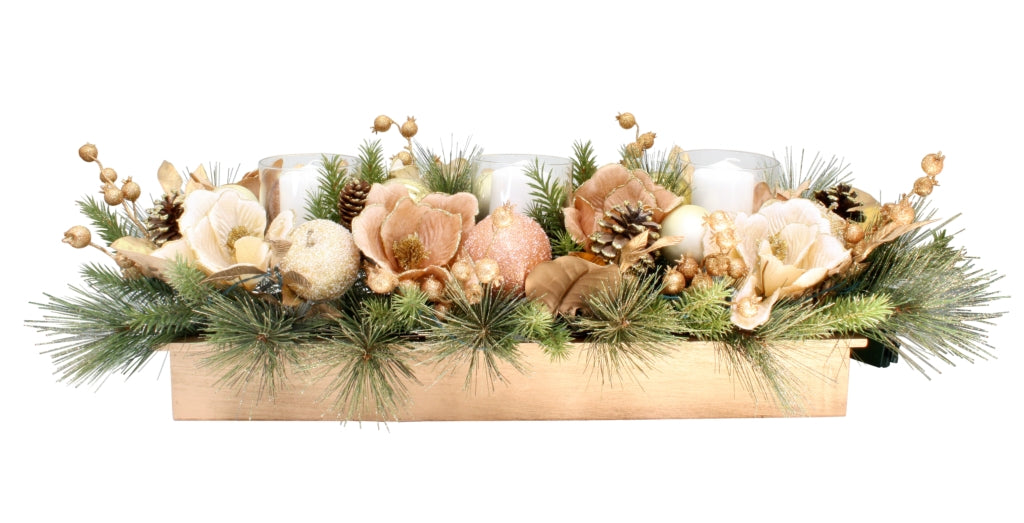 CHAMPAGNE MAGNOLIA & GLITTER PINE CONE 3 CANDLE & LED CANDLE HOLDER XA014C