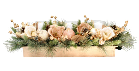 CHAMPAGNE MAGNOLIA & GLITTER PINE CONE 3 CANDLE & LED CANDLE HOLDER XA014C