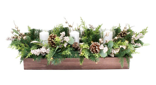 WOODLAND SPRUCE WITH PEARL 3 CANDLE HOLDER WITH GLASS VOTIVES LED XA018B