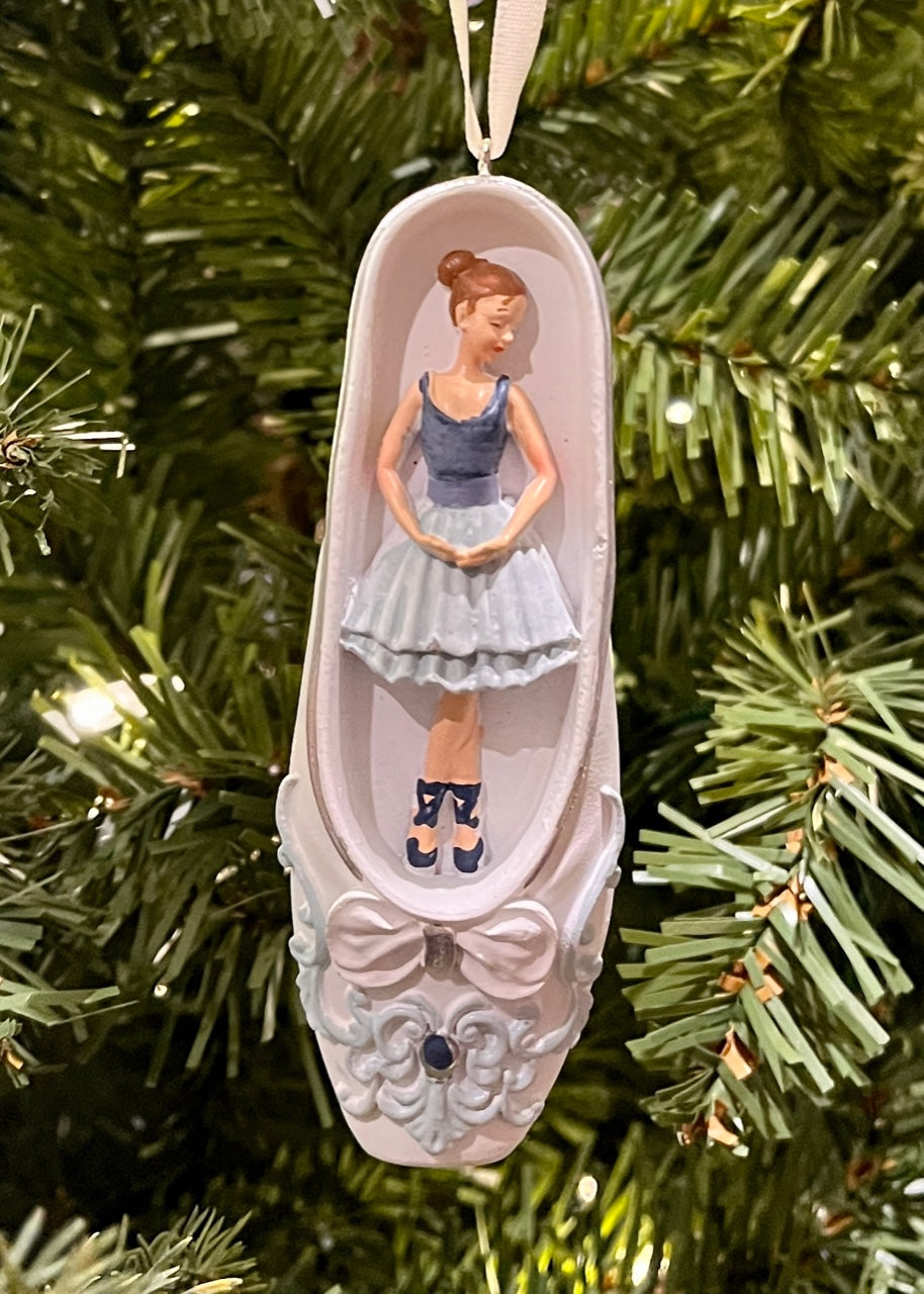 WHITE & BLUE BALLERINA BALLET SLIPPER ORNAMENT SEM410