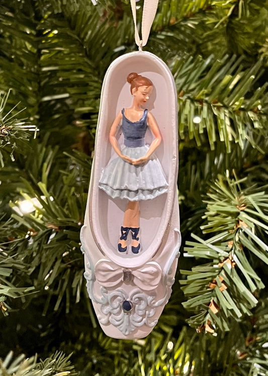 WHITE & BLUE BALLERINA BALLET SLIPPER ORNAMENT SEM410