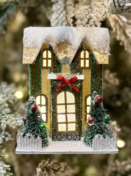 Hanging Ornament Lit House - Green Stripe 4512531