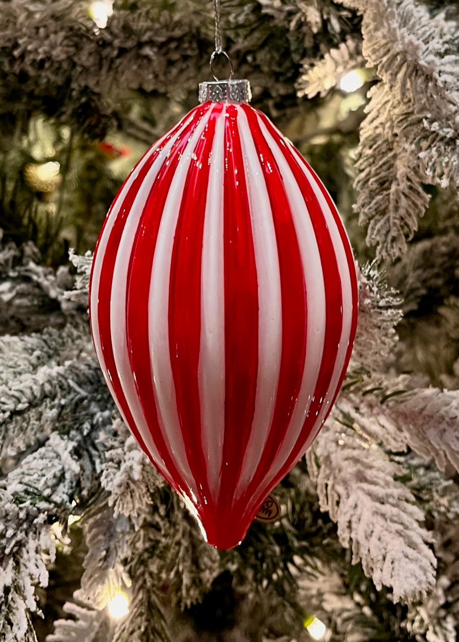 RED & WHITE STRIPE TEARDROP GLASS ORNAMENT 4520059