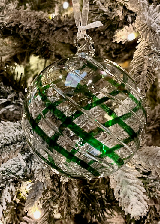 GREEN SWIRL CLEAR ROUND BLOWN GLASS ORNAMENT 4524557