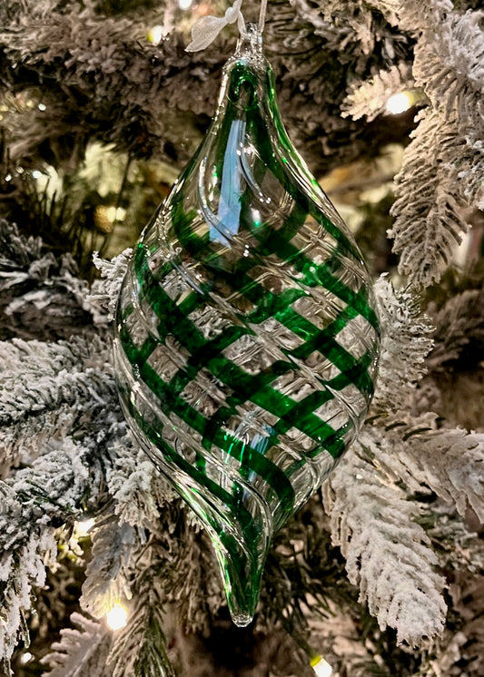 GREEN SWIRL CLEAR TEARDROP BLOWN GLASS ORNAMENT 4524557