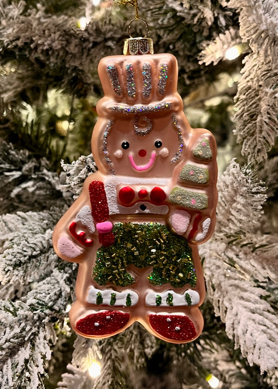 HAPPY GINGERBREAD MAN WITH TOP HAT GLASS ORNAMENT 4520034
