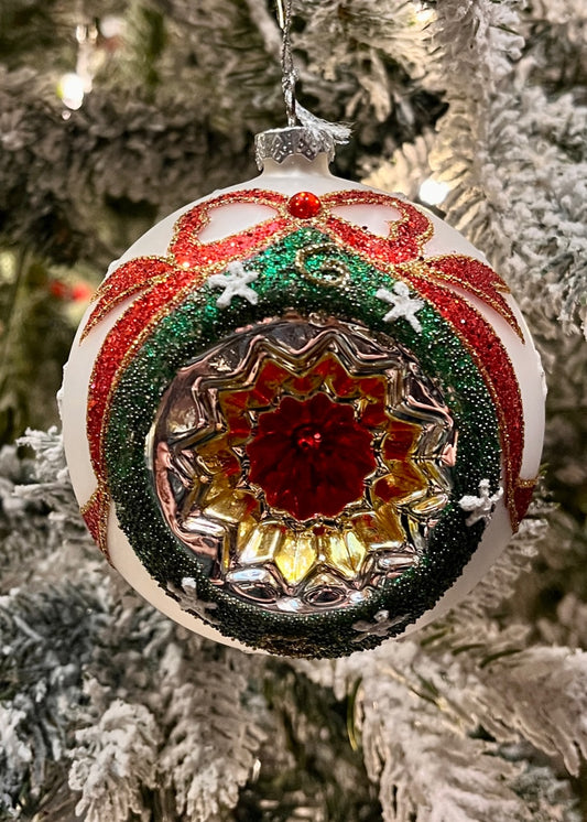 WHITE VINTAGE REFLECTOR WITH BOW ROUND GLASS ORNAMENT 4520910