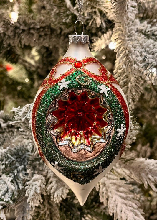 WHITE VINTAGE REFLECTOR WITH BOW TEARDROP GLASS ORNAMENT 4520910