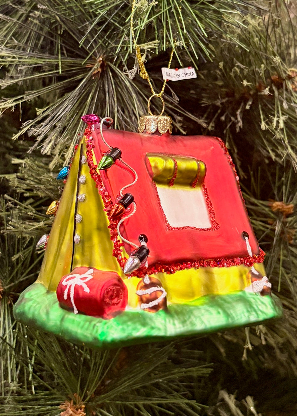 RED ROOF TENT GLASS HANGING ORNAMENT 4552896