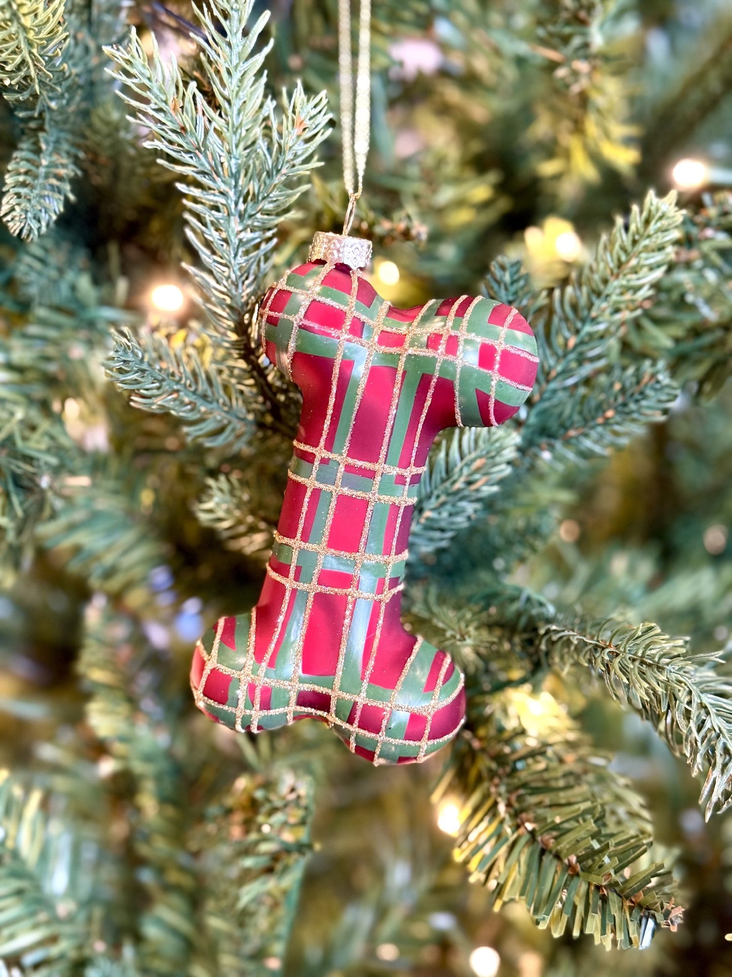 RED PLAID DOG BONE GLASS ORNAMENT 4520897