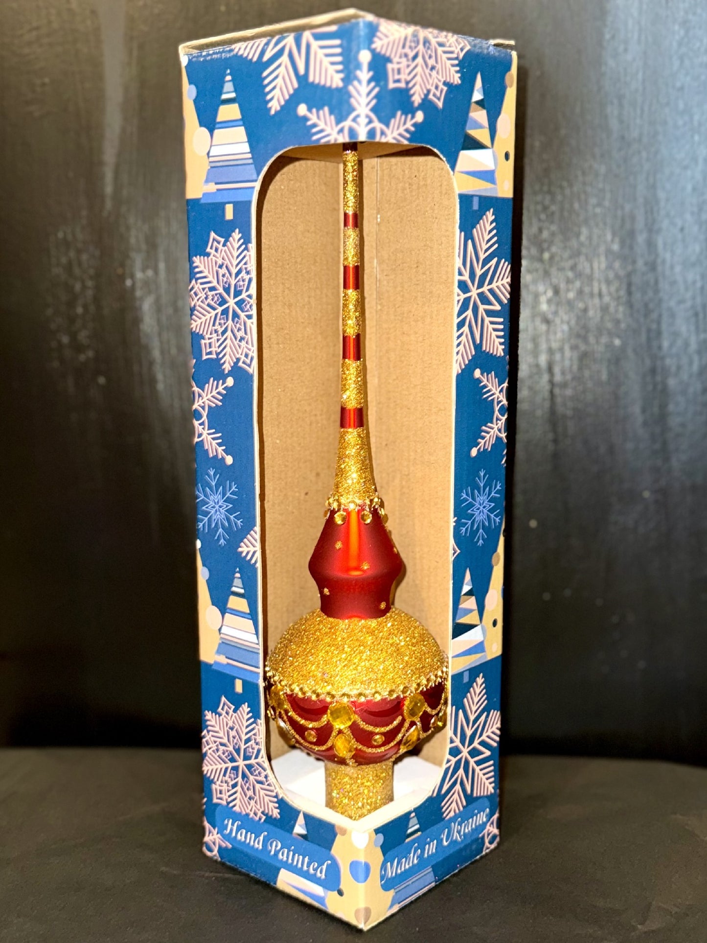 Dimensional Golden Jewels on Red Glass Finial Tree Topper