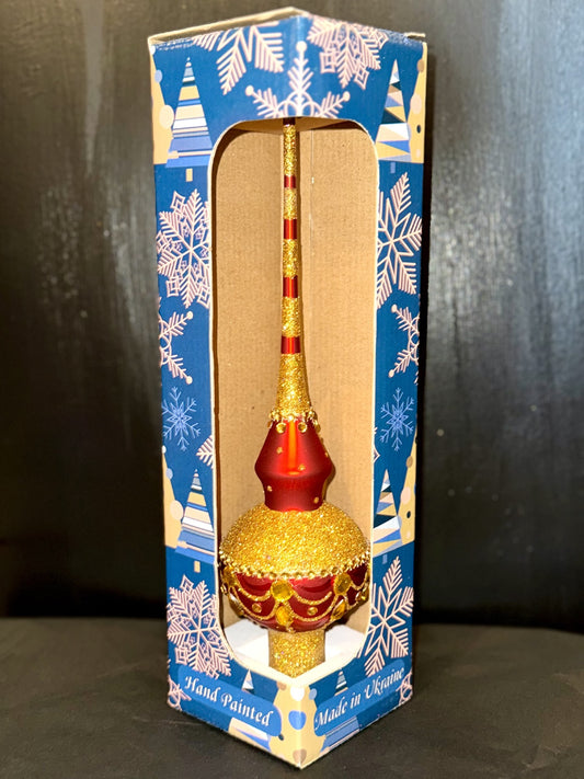 Dimensional Golden Jewels on Red Glass Finial Tree Topper
