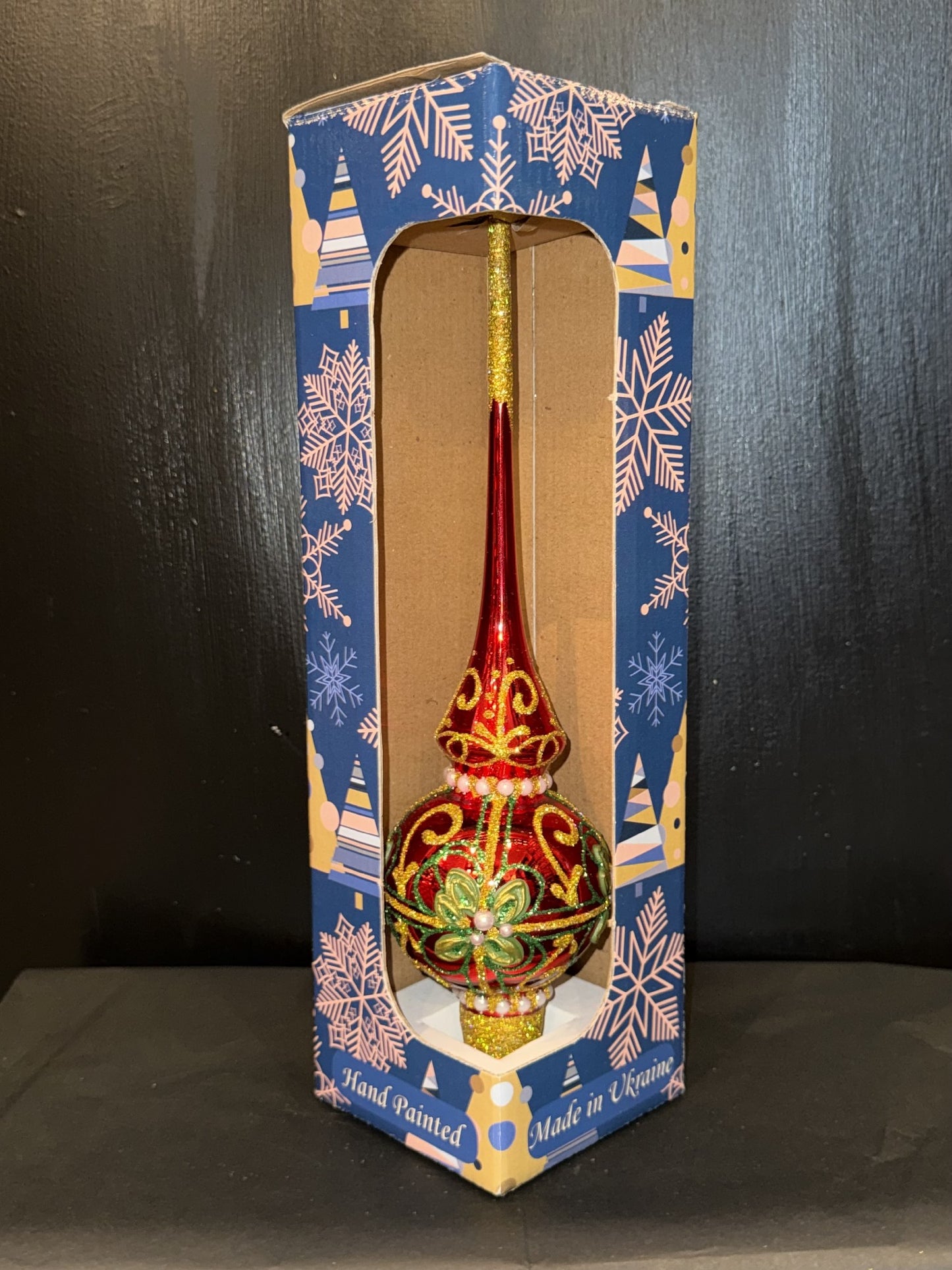 Green & Gold Glitter w Pearls Red Glass Finial Tree Topper