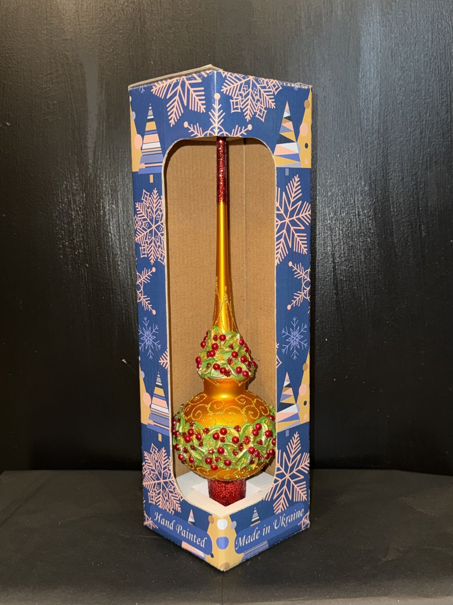 Poinsettia Flowers with Pearls Glass Finial Tree Topper