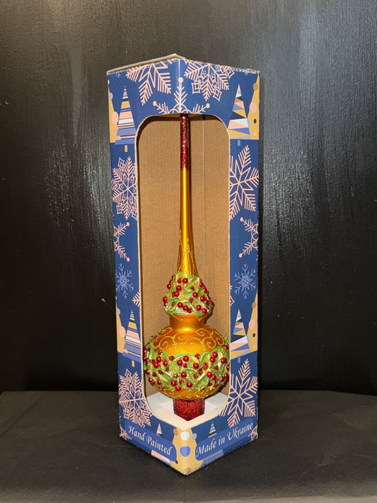 Poinsettia Flowers with Pearls Glass Finial Tree Topper