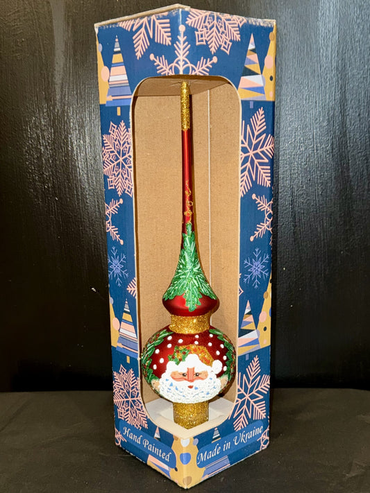 Santa Face & Green Holly Red + Gold Glass Finial Tree Topper