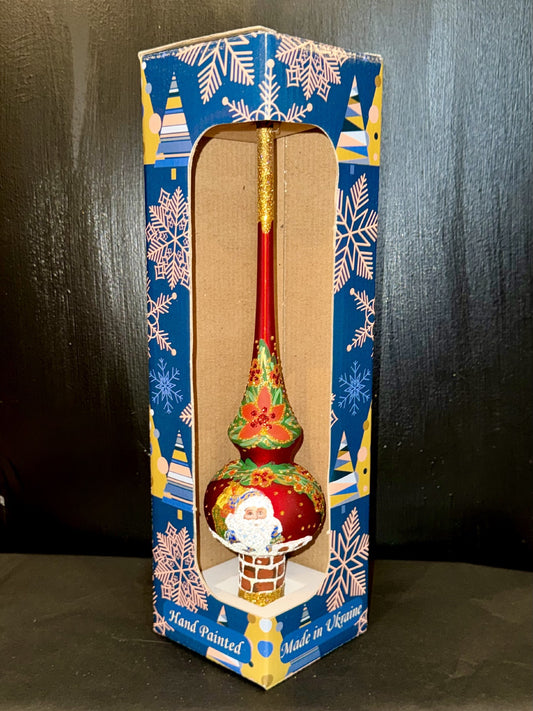 Santa in Chimney & Poinsettia Glass Christmas Tree Topper