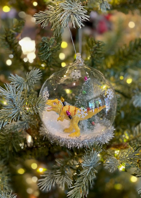 YELLOW T-REX IN ROUND GLASS DOME HANGING ORNAMENT SHD2002