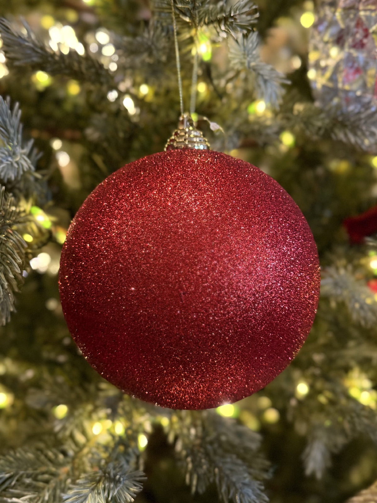 RED GLITTER 14CM ROUND SHATTERPROOF ORNAMENT X466995