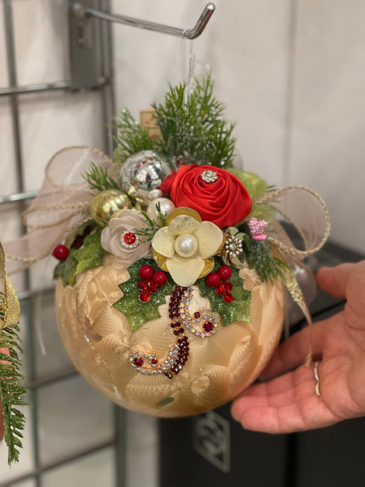 MARK ROBERTS FLORAL JEWELED FROSTED GOLD 8 INCH ROUND ORNAMENT 36-54330