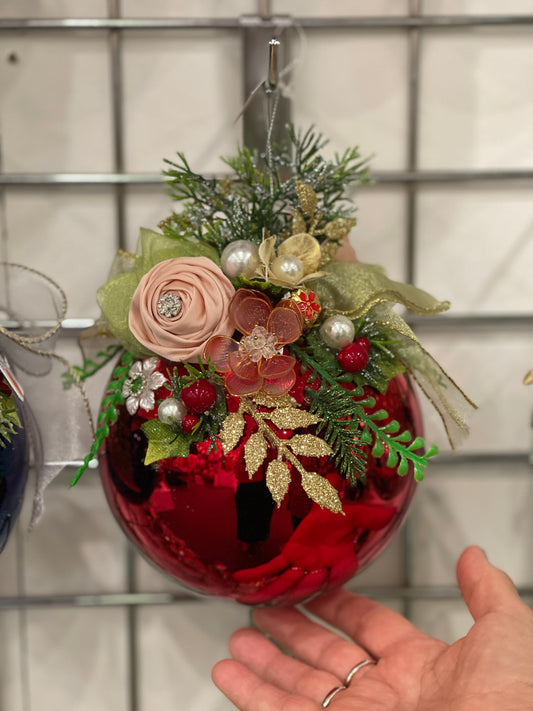 MARK ROBERTS FLORAL JEWELED SHINY RED 8 INCH ROUND ORNAMENT 36-54334