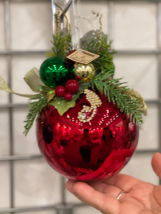 MARK ROBERTS FLORAL JEWELED SHINY RED 6 INCH ROUND ORNAMENT 36-54314