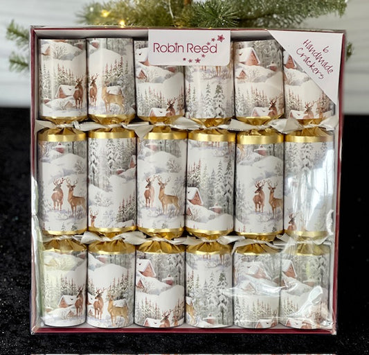 SNOWY VILLAGE DEER BOX OF 6 CHRISTMAS CRACKERS 62115RR