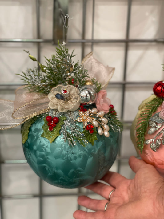 MARK ROBERTS FLORAL JEWELED FROSTED AQUA BLUE ROUND 7 INCH ORNAMENT 36-54300