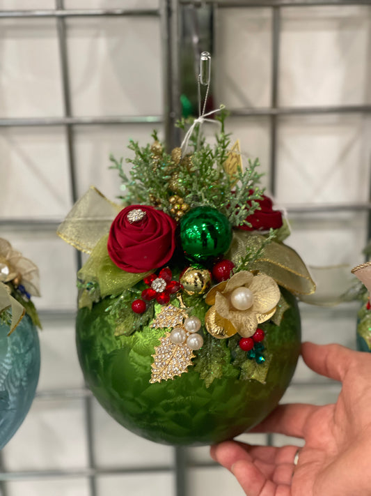 MARK ROBERTS FLORAL JEWELED FROSTED DARK GREEN 8 INCH ROUND ORNAMENT 36-54328