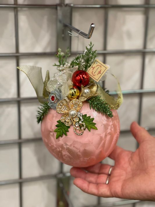 MARK ROBERTS FLORAL JEWELED FROSTED PINK 6 INCH ROUND ORNAMENT 36-54312