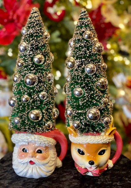 VINTAGE SANTA HEAD MUG WITH GLITTER BRISTLE TREE TR24746