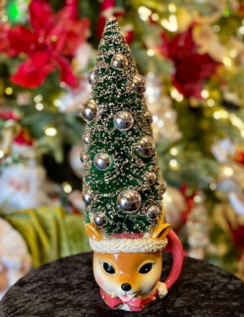 VINTAGE DEER HEAD MUG WITH GLITTER BRISTLE TREE TR24746