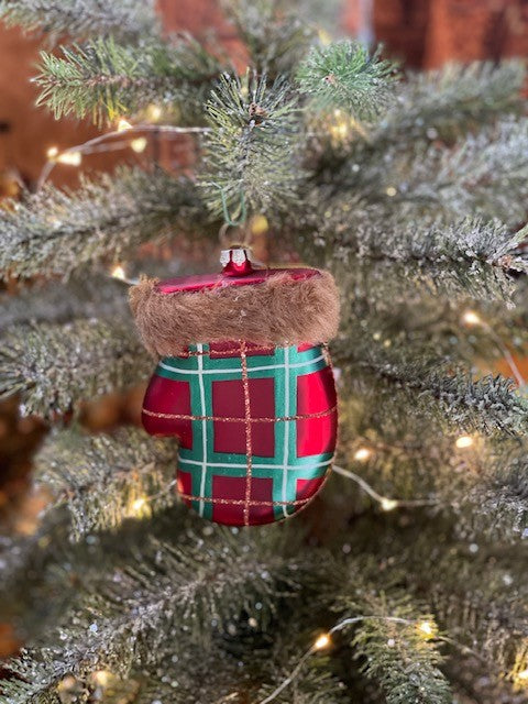 GLASS TARTAN MITTEN WITH FUR TRIM ORNAMENT