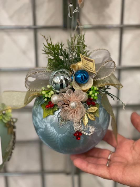 MARK ROBERTS FLORAL JEWELED FROSTED LIGHT BLUE 6 INCH ROUND ORNAMENT 36-54306