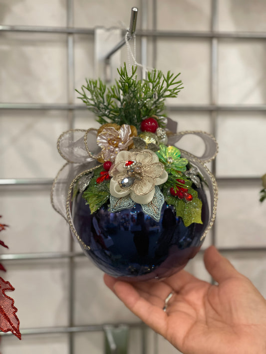 MARK ROBERTS FLORAL JEWELED SHINY DARK BLUE 6.5 INCH ROUND ORNAMENT 36-54304