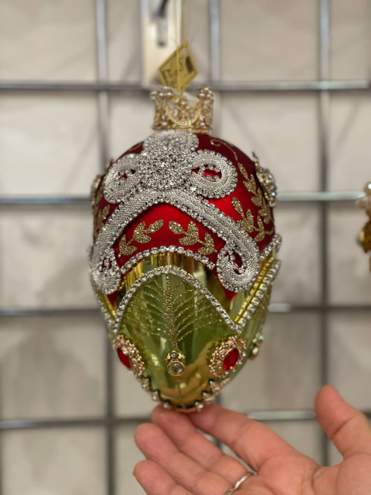 MARK ROBERTS FABERGE JEWEL EGG GREEN/RED 7 INCH EGG ORNAMENT 36-54346